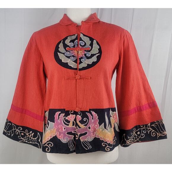 Vintage Boho Asian Festival Jacket Red Batik Dragon Pheonix Kimono Top Size M - Picture 1 of 10